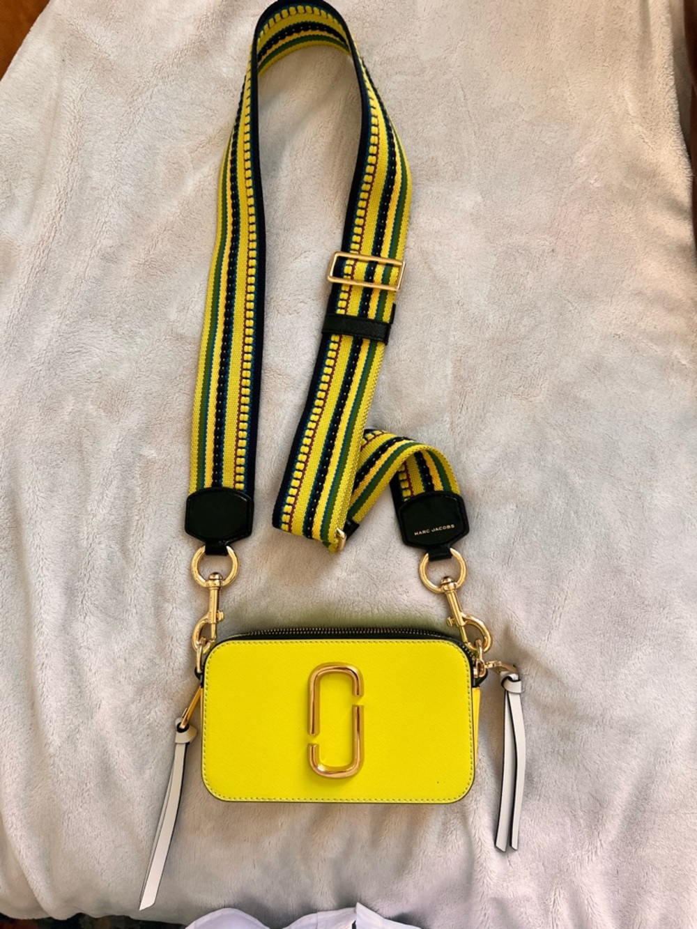 Marc Jacobs Yellow Leather Camera Crossbody with Striped Webbing Strap